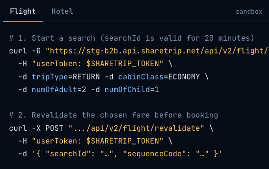 Travel API search and booking code example